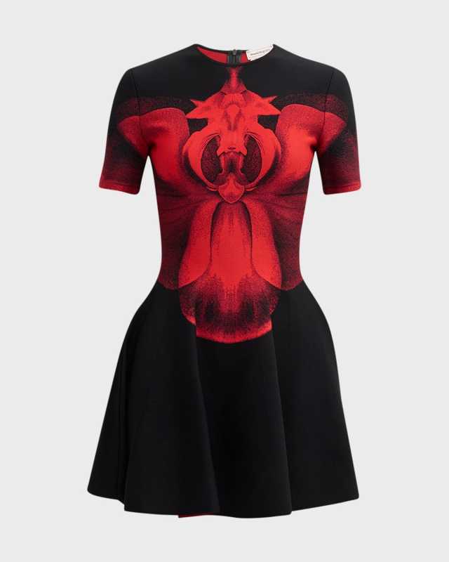 Flower Jacquard Short-Sleeve A-Line Mini Dress